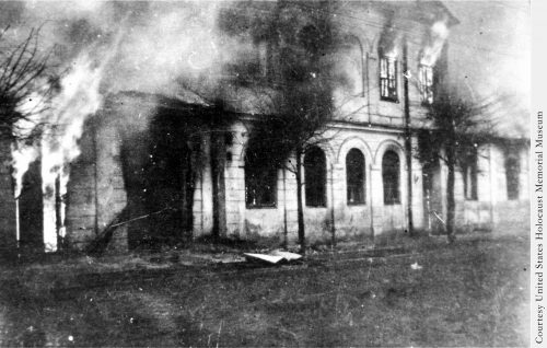 Burning synagogue - Photo from Trapped in Hitler's Hell by Anita Dittman - US Holocaust Museum - Used with permission