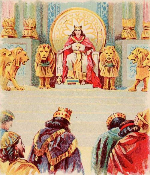 Solomon's Wealth and Wisdom, as in 1 Kings 3:12–13, illustration from a Bible card published 1896 by the Providence Lithograph Company.